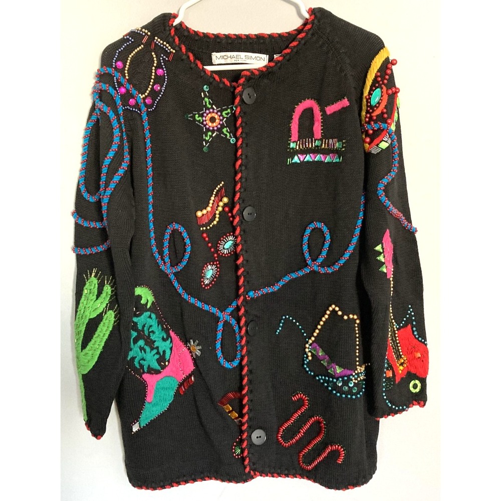 Vintage Michael Simon Cardigan Sweater Womens 1 Black Western Beaded Cowboy 90s